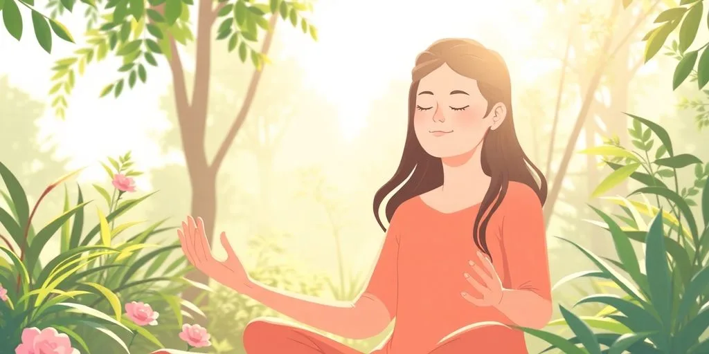 Personne méditant dans la nature avec un sourire paisible.