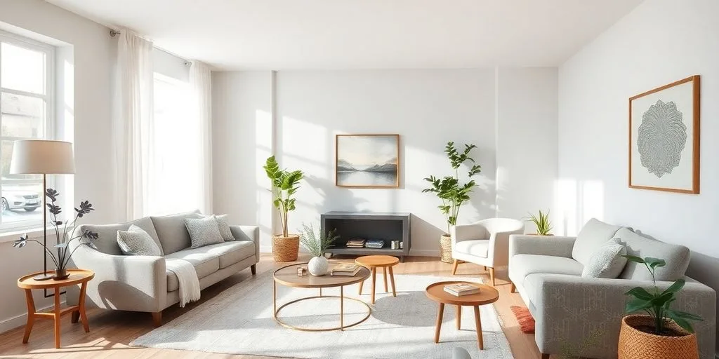 Salon feng shui harmonieux et équilibré avec plantes.