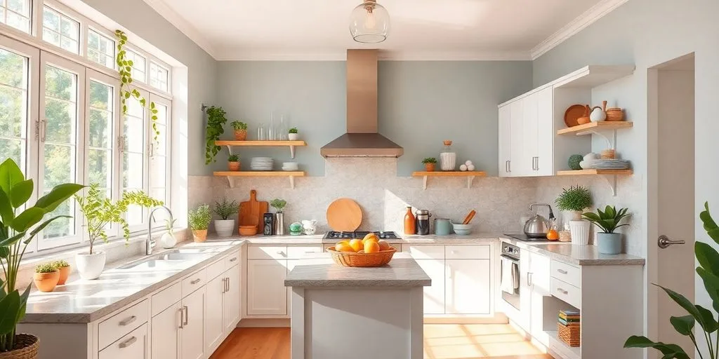 Cuisine lumineuse et harmonieuse avec des éléments feng shui.