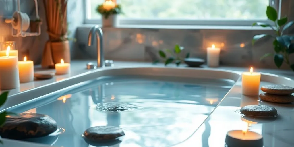 Bain relaxant avec bougies et éléments naturels.