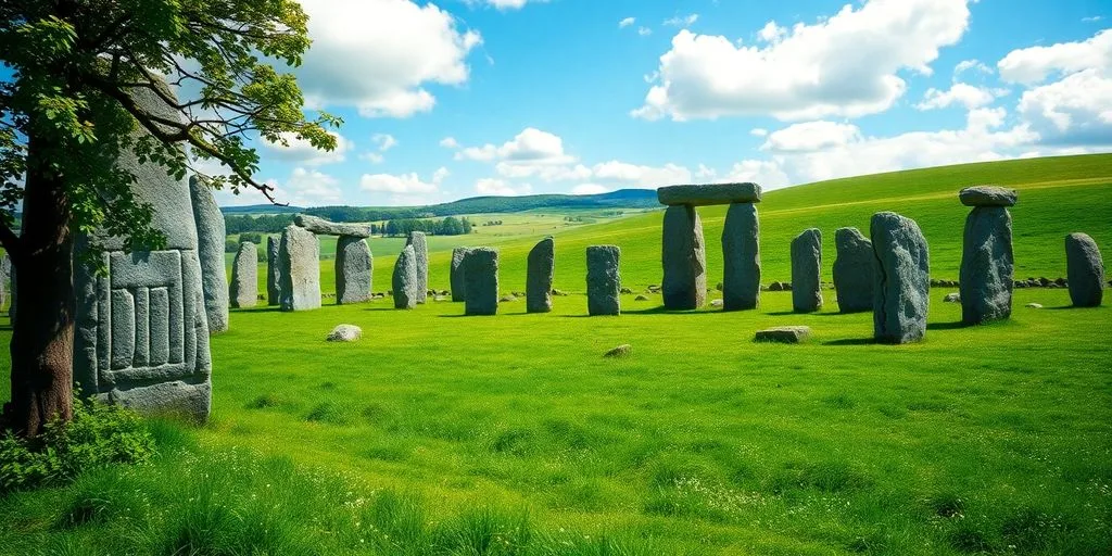 Paysage avec cercles de pierre et champs verdoyants.