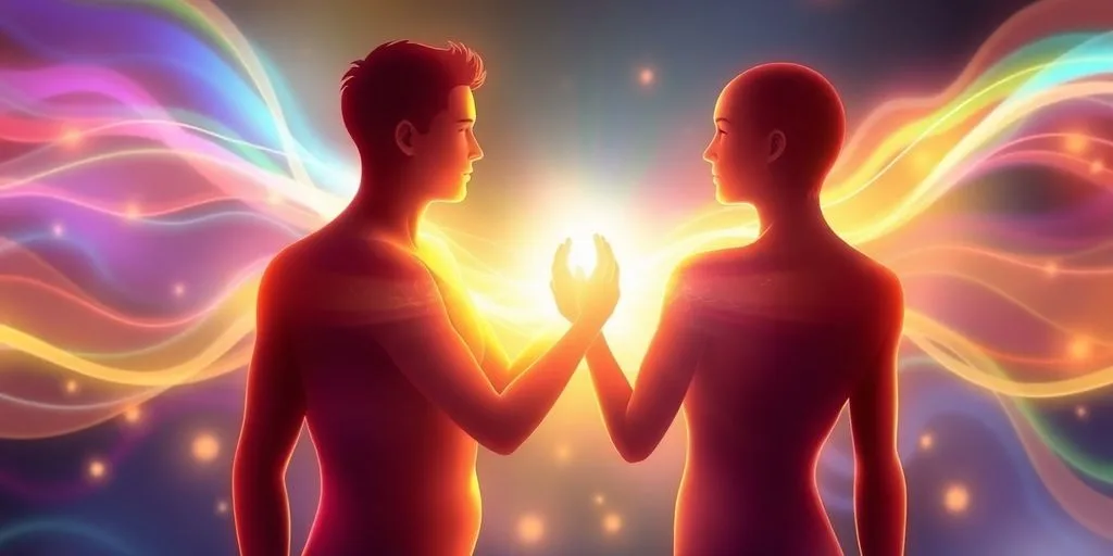 Interactions énergétiques entre les corps subtils dans une illustration.