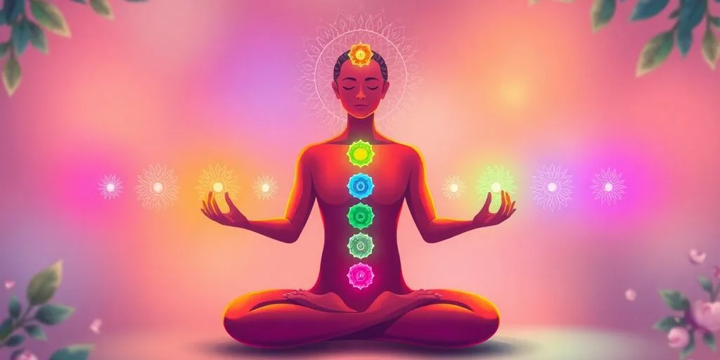 Illustration d'une personne méditant avec des chakras colorés.
