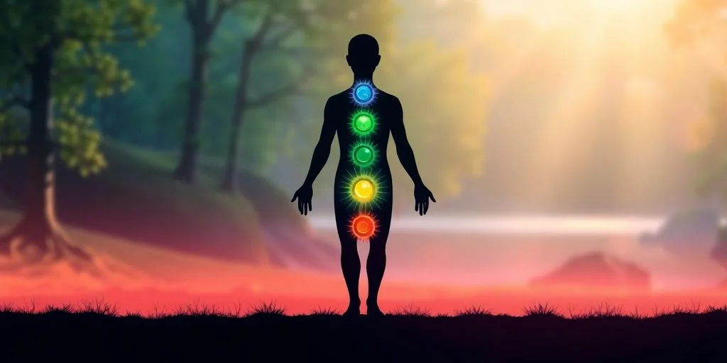 Chakras colorés sur une silhouette humaine, bien-être intérieur.