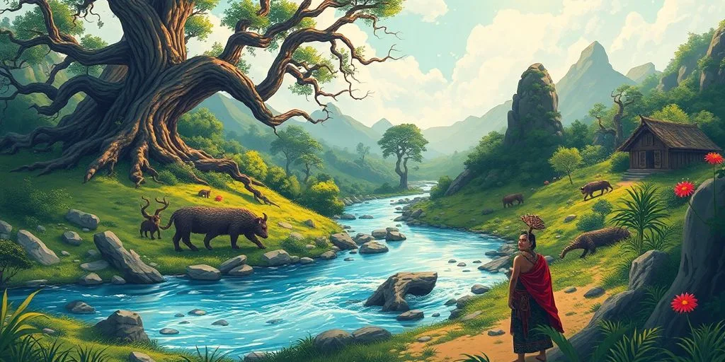 Un chaman en voyage spirituel dans un paysage naturel.