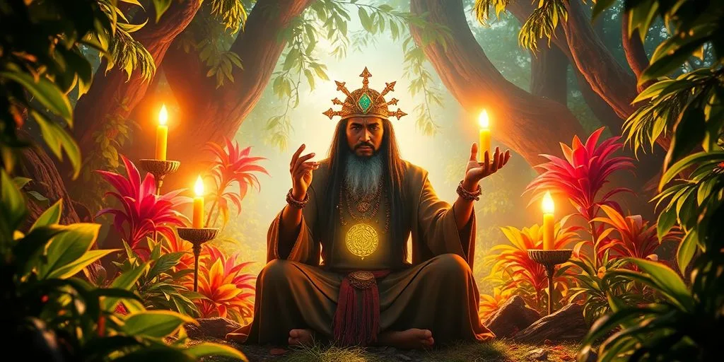 Un chaman en pleine nature avec une lumière douce.