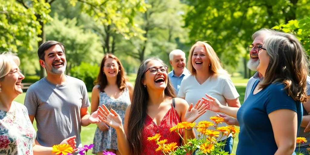 Groupe de personnes riant ensemble dans un parc ensoleillé.