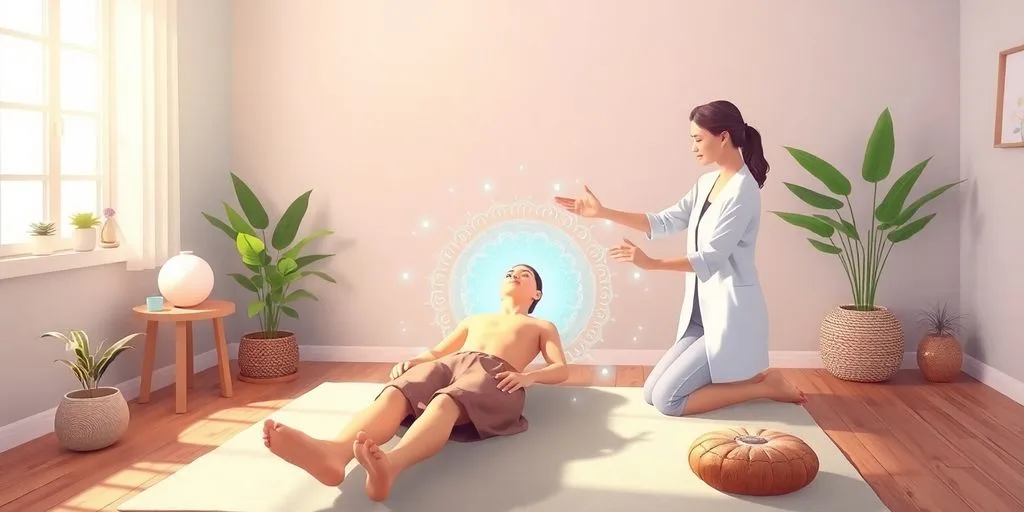 Une illustration d'une séance de soins quantiques paisible.
