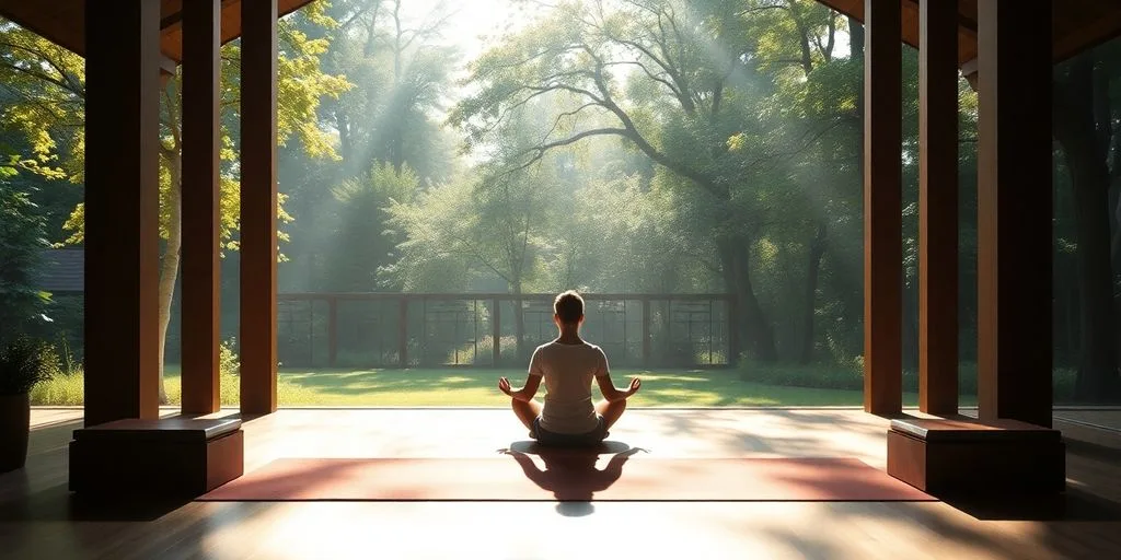 Espace de méditation calme avec une personne en lotus.