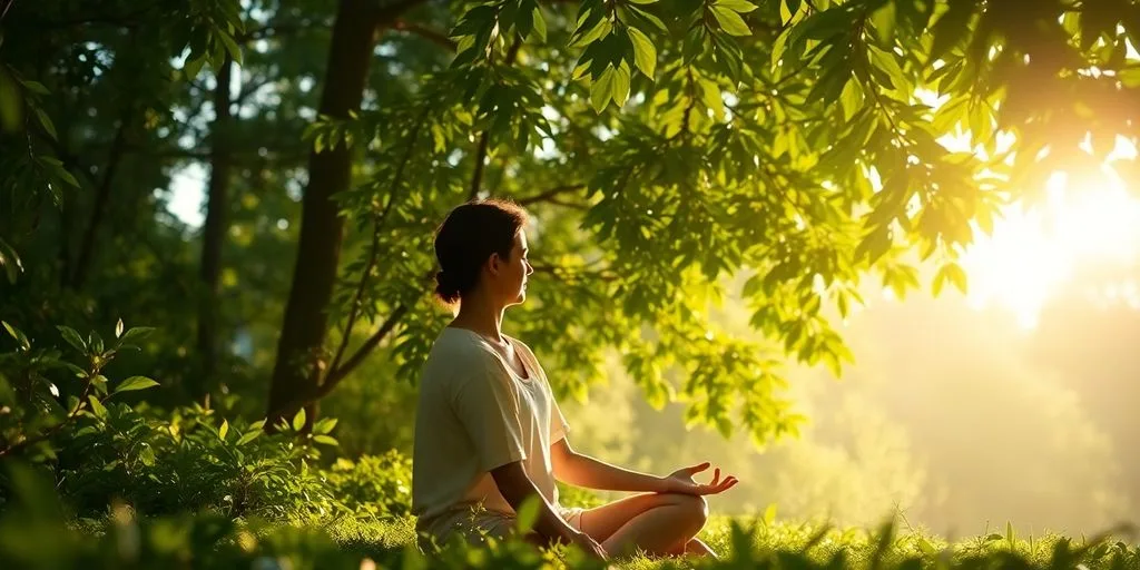 Personne méditant dans la nature, entourée de verdure.
