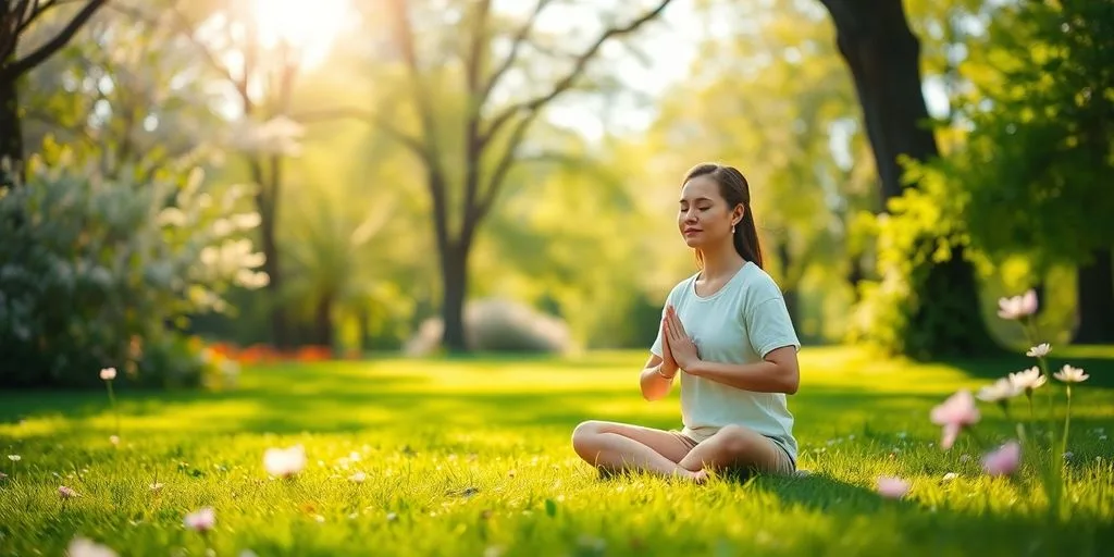 Personne méditant dans un parc verdoyant et ensoleillé.