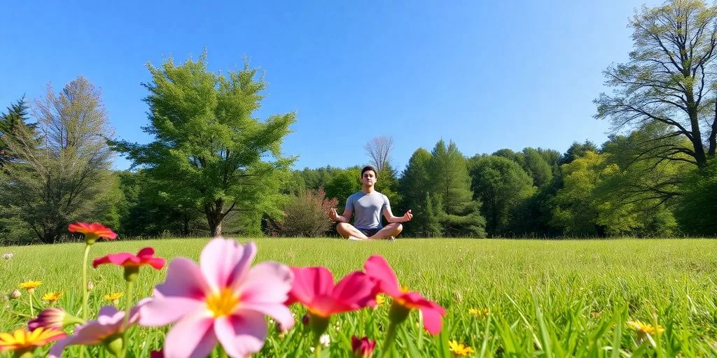 Personne méditant dans un paysage paisible et naturel.
