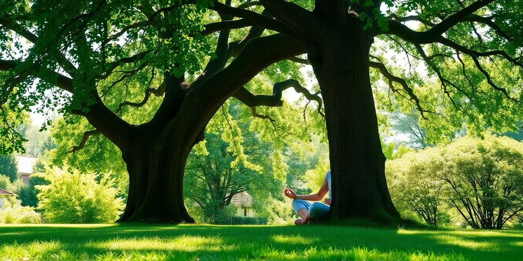Personne méditant sous un arbre, entourée de nature.