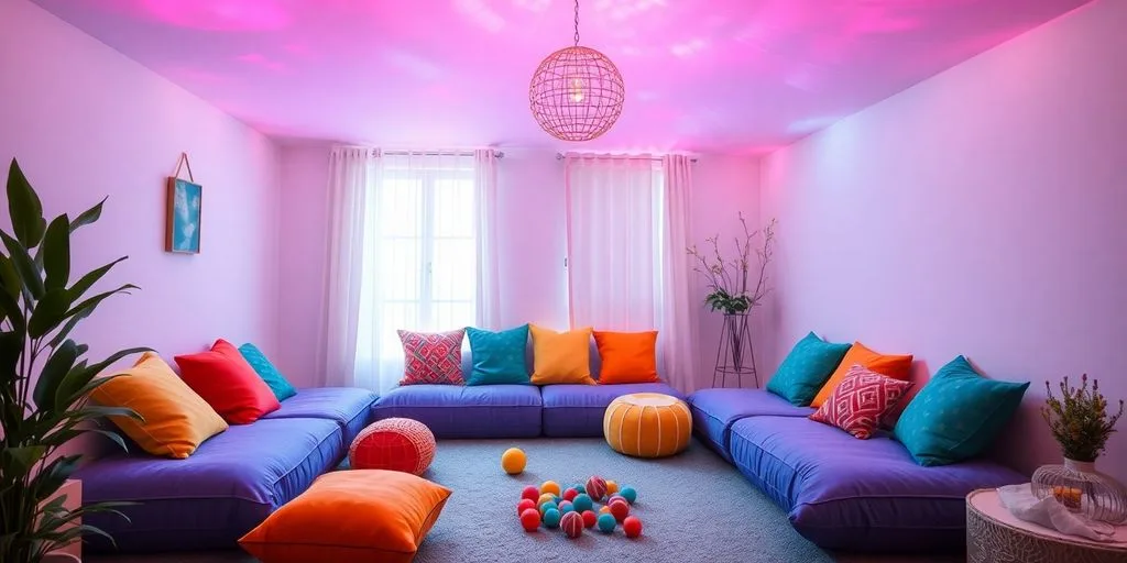 Salle Snoezelen avec objets sensoriels colorés et éclairage doux.