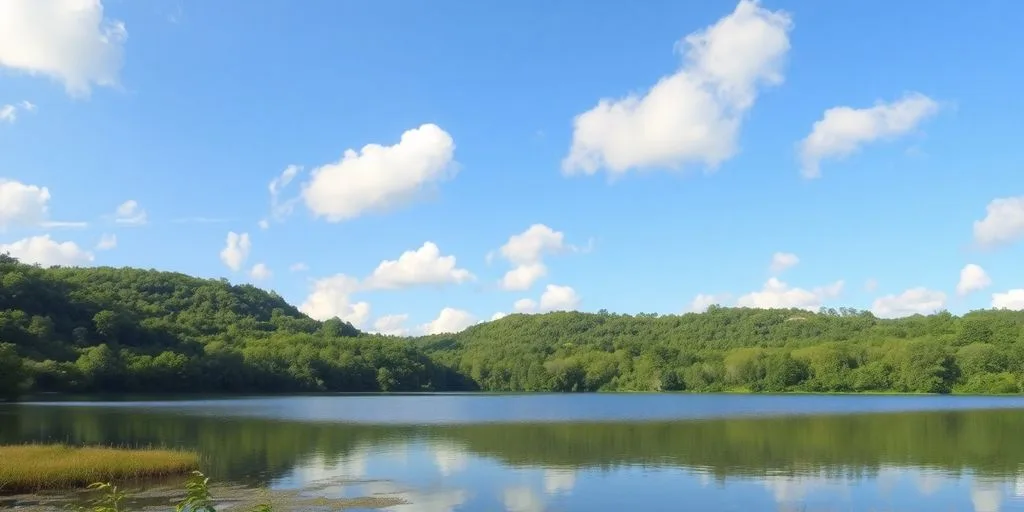 Paysage serein avec un lac calme et verdure.