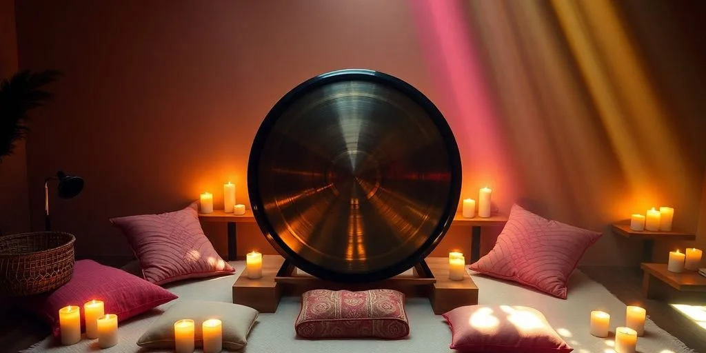 Gong bath avec coussins et bougies lumineuses.