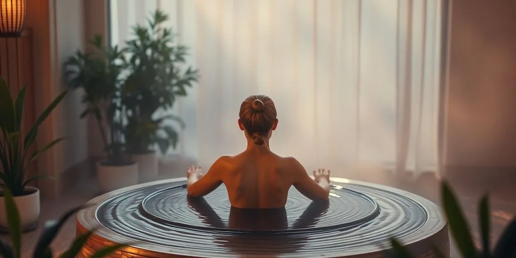 Bain de gong avec lumière douce et plantes relaxantes.