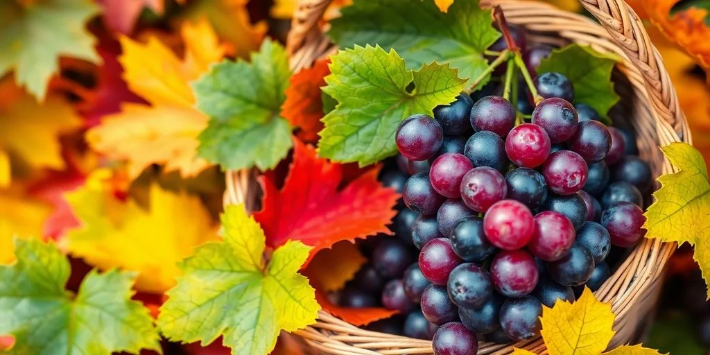 Panier de raisins frais avec des feuilles d'automne.