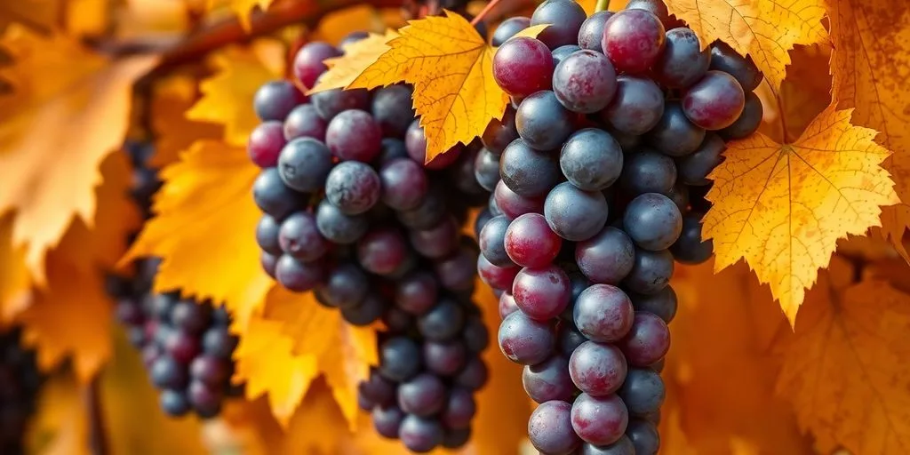 Grapes and autumn leaves in a bright setting.