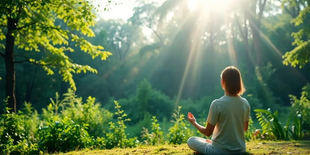 Personne méditant dans la nature, ambiance paisible et sereine.