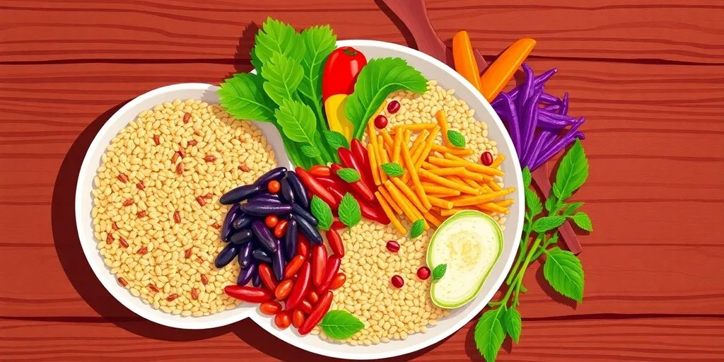 Repas macrobiotique coloré et équilibré sur une table en bois.
