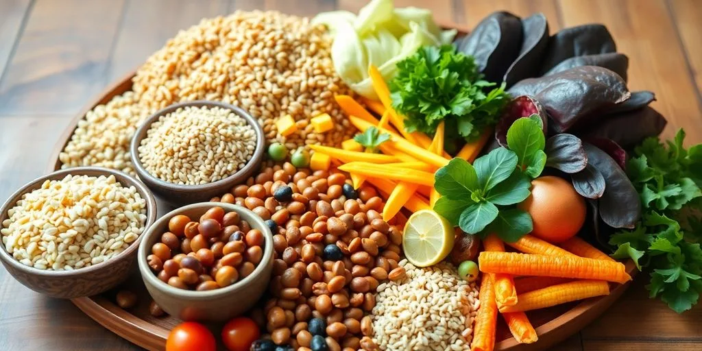 Aliments macrobiotiques colorés et frais sur une table en bois.