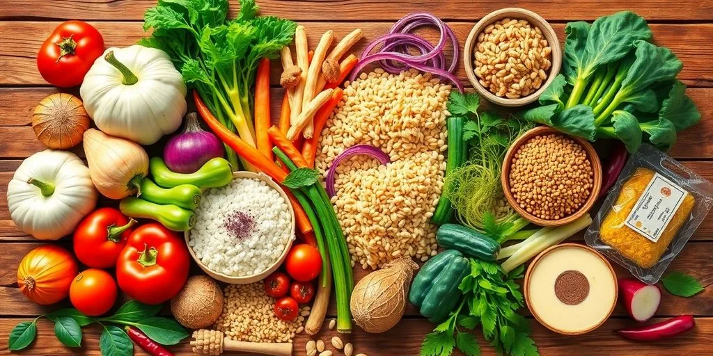 Aliments macrobiotiques colorés sur une table en bois.