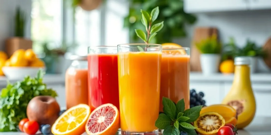 Assortiment de fruits et légumes frais en jus.