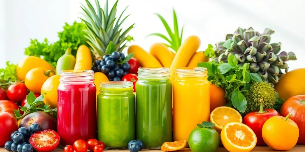 Jus frais et légumes colorés pour une détox.