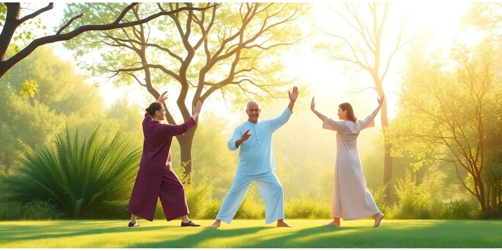 Personnes pratiquant le Qi Gong en pleine nature.