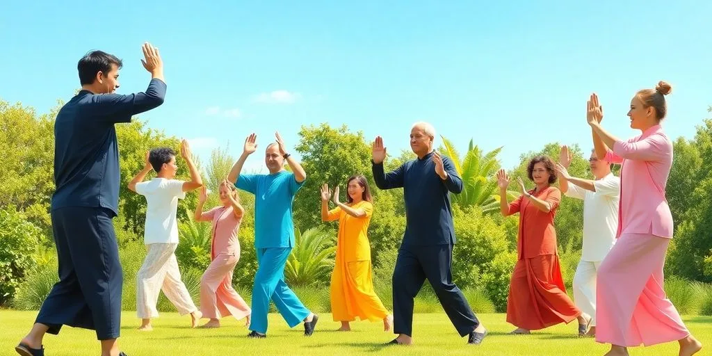 Des personnes pratiquant le Qi Gong en plein air.
