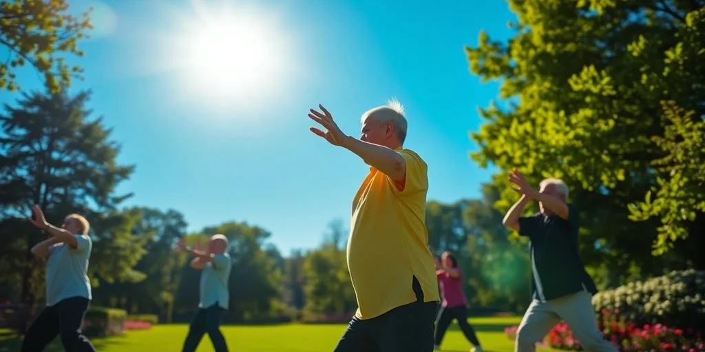 Pratiquants de taï chi dans un parc verdoyant.