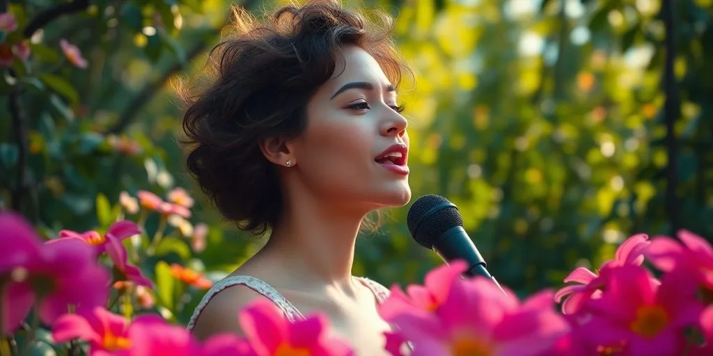 Une personne chantant dans la nature, entourée de fleurs.