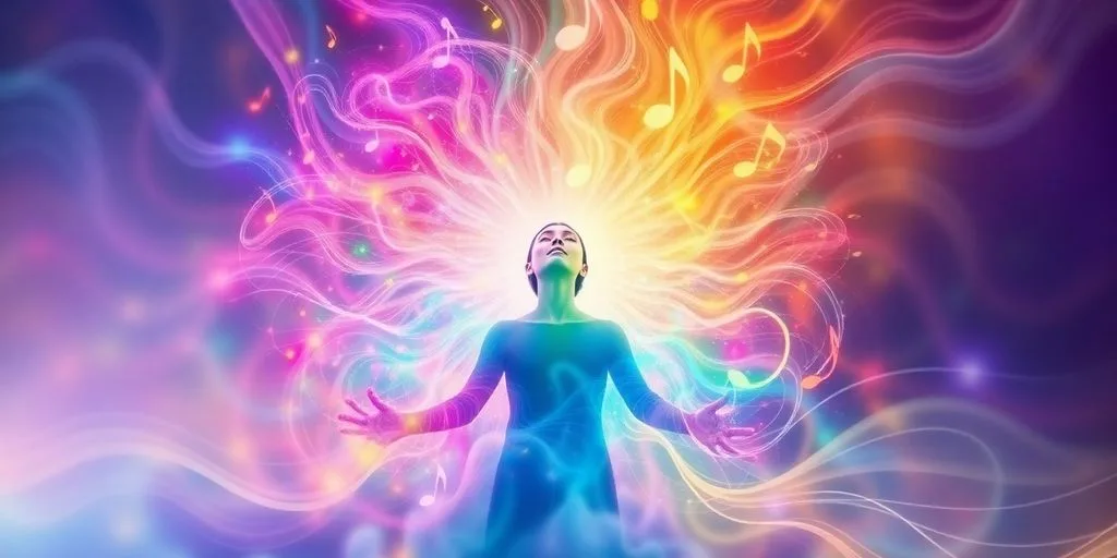 Person chant intuitif avec des ondes sonores colorées.