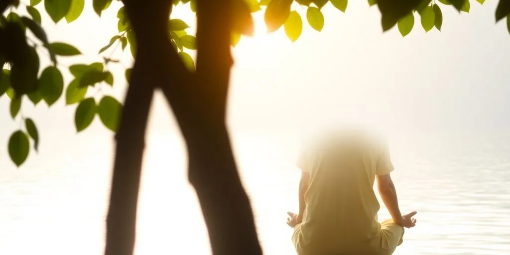 Personne méditant dans un environnement paisible et lumineux.