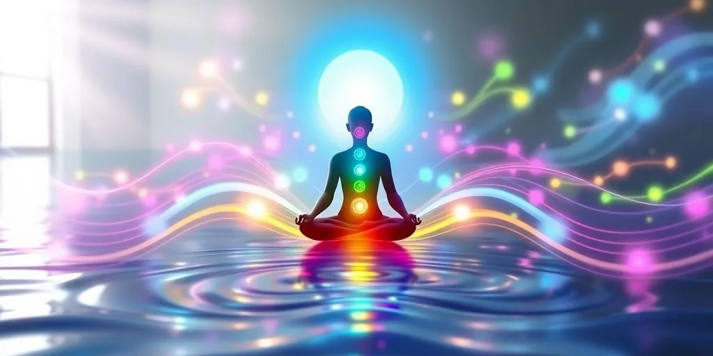 Illustration de vagues sonores et chakras colorés.