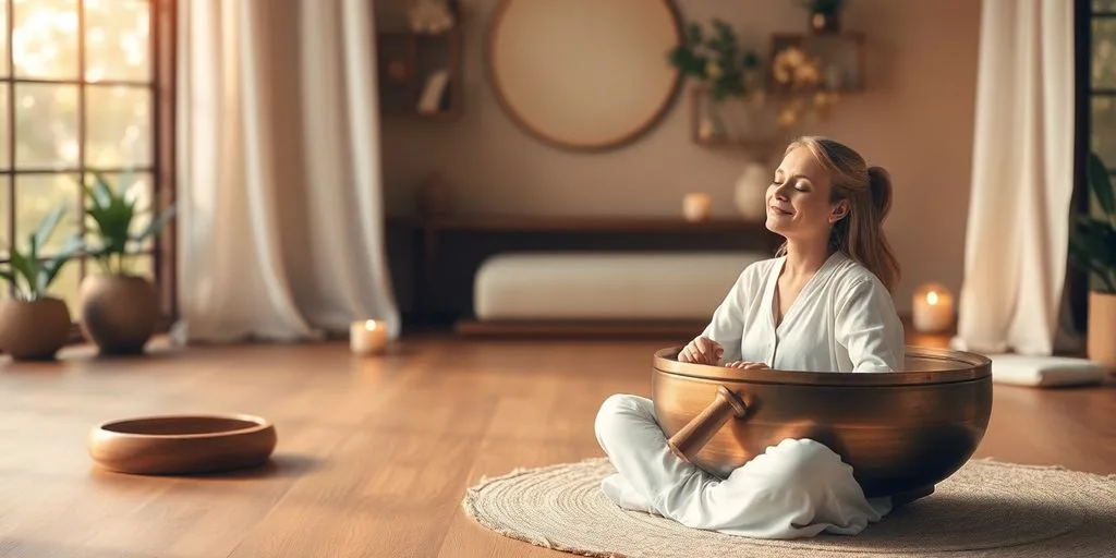 Personne se relaxant avec un bol chantant.