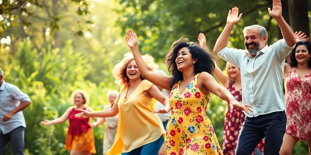 Gens dansant joyeusement dans un cadre naturel.