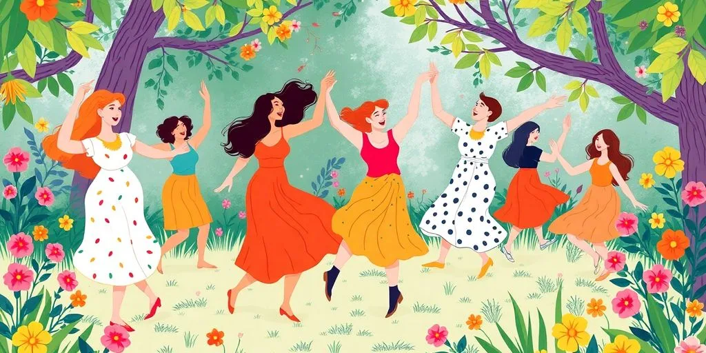 Personnes dansant joyeusement dans un cadre naturel.