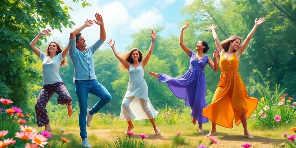 Des personnes dansent joyeusement dans un cadre naturel.