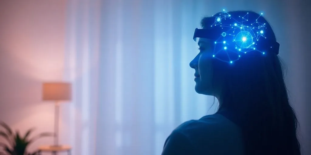 Person utilisant une technologie de neurofeedback dans un environnement serein.