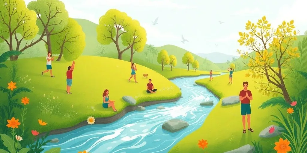Personnes en communion avec la nature, verdure et tranquillité.