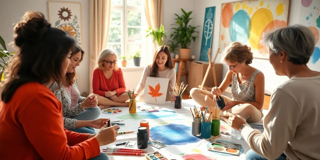Groupe divers en séance d'art thérapie, créativité partagée.