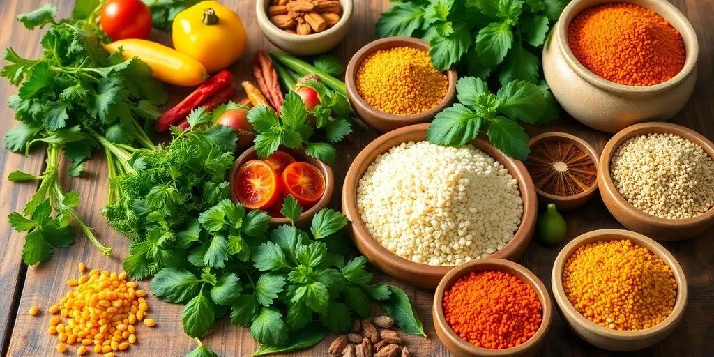 Aliments ayurvédiques frais et colorés sur une table en bois.