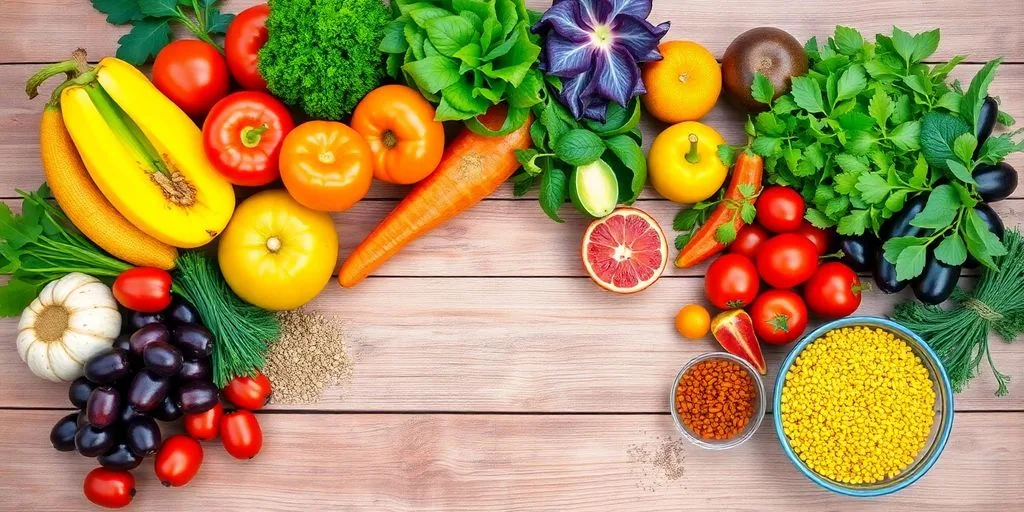 Fruits et légumes frais en harmonie sur une table en bois.