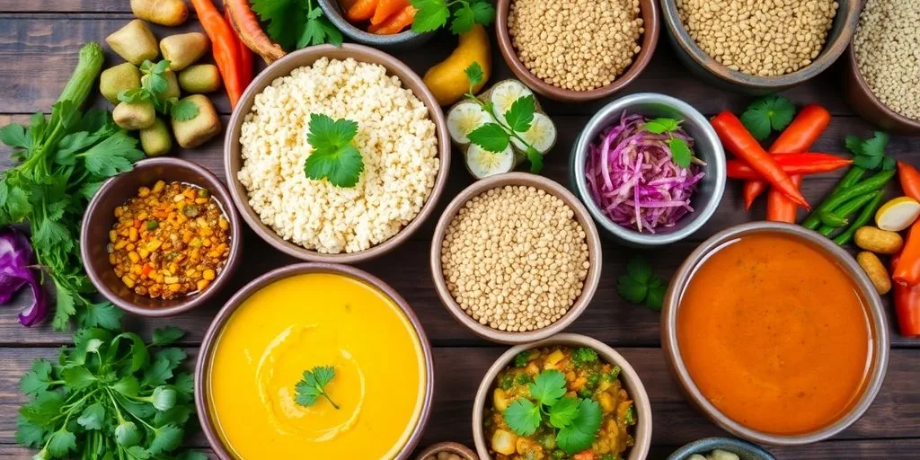 Plats ayurvédiques colorés et sains sur une table en bois.