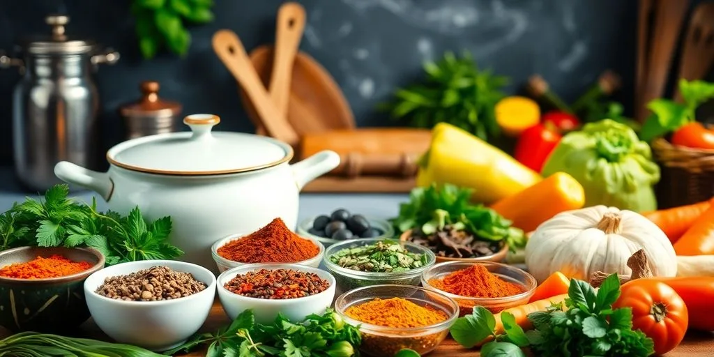 Scène de cuisine ayurvédique avec épices et légumes frais.