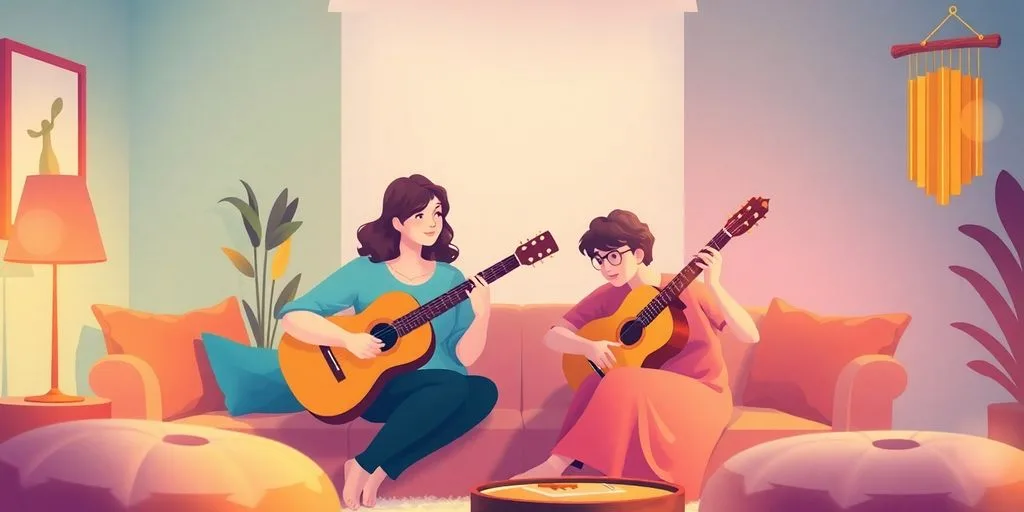 Séance de musicothérapie avec instruments et ambiance apaisante.
