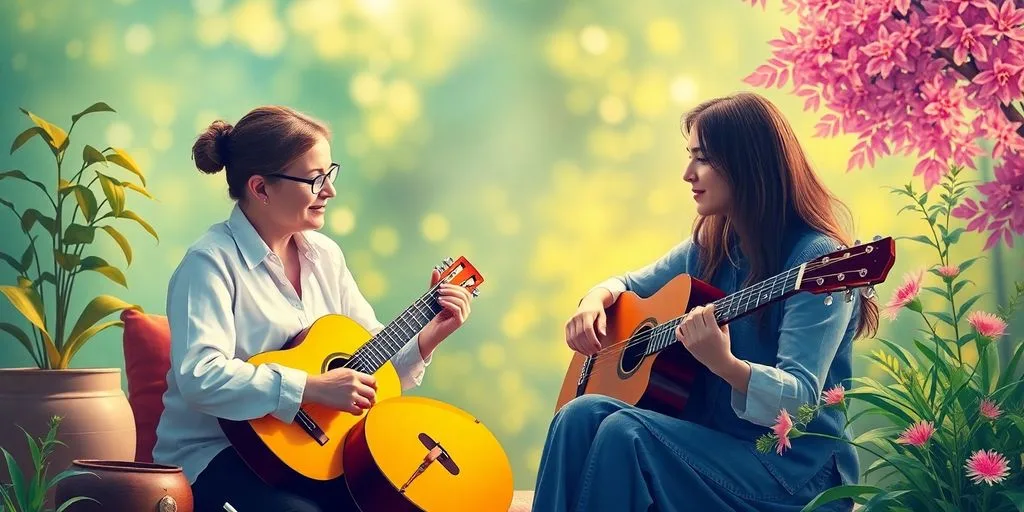 Séance de musicothérapie avec instruments et nature apaisante.