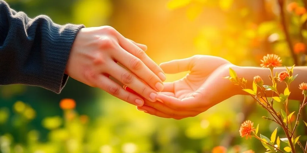 Mains en contact avec la nature, évoquant le bien-être.